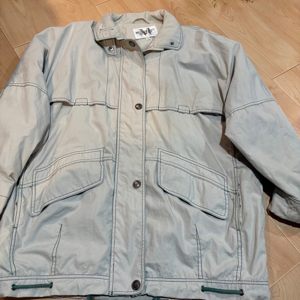 Mulberry Street Vintage Beige Utility Windbreaker Jacket Small 20552 Mens Womens
